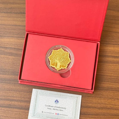 Banyan Tree, Silver (gold finish), Lotus Shape, 5 gm, 999 Purity Silver Coin - Ready To Ship