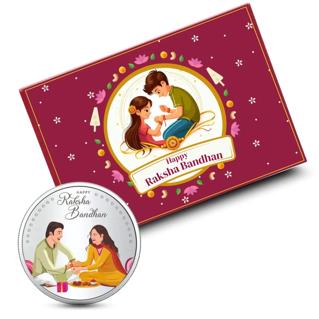 Happy Raksha Bandhan Box, Brother Sister 10gm Silver Coin With Rakhi Card - 999 Purity Silver Coin