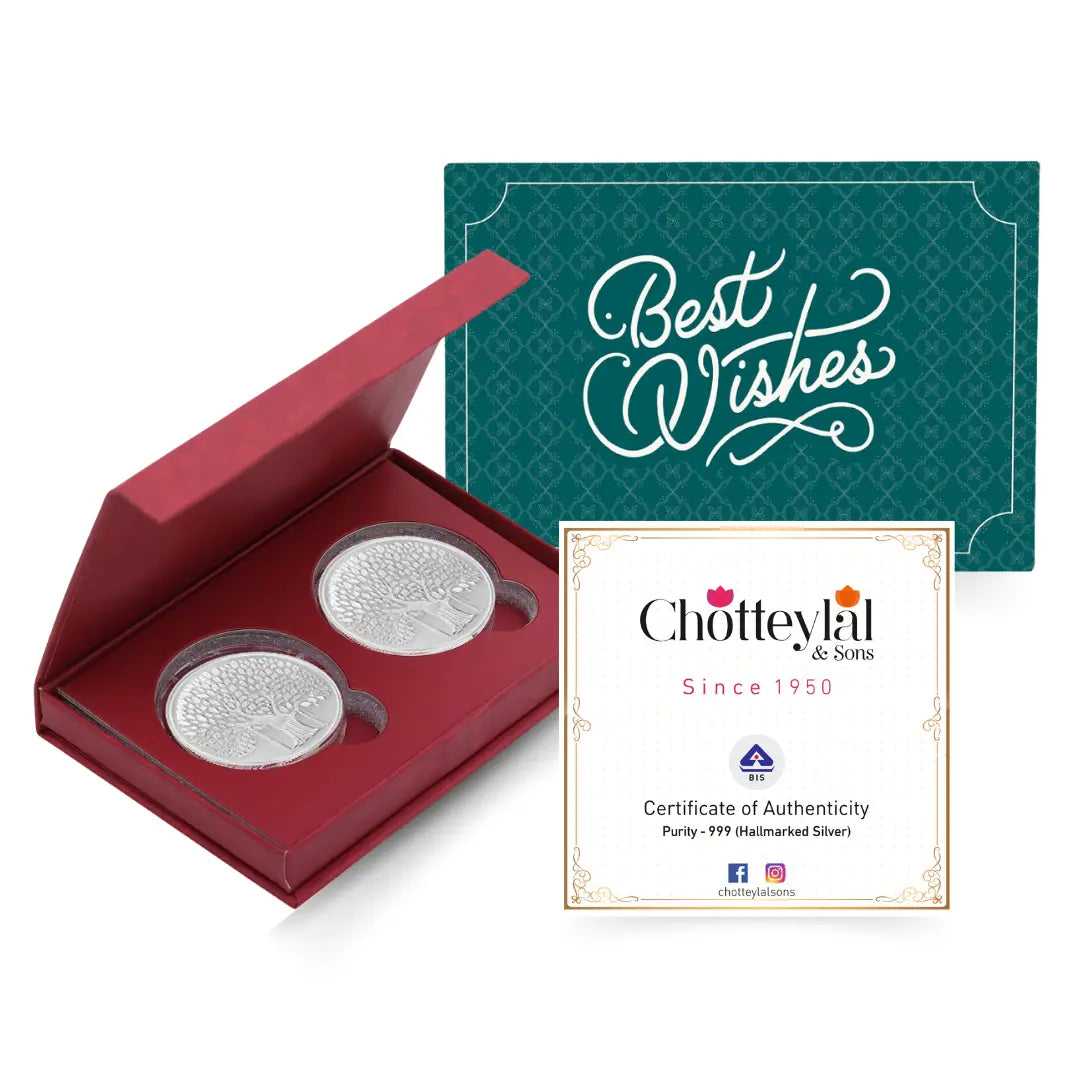 Banyan Tree, Silver, Round Shape, Set of 2 (10 Gram Each), Best Wishes Cover, 999 Purity Silver Coin - Ready To Ship