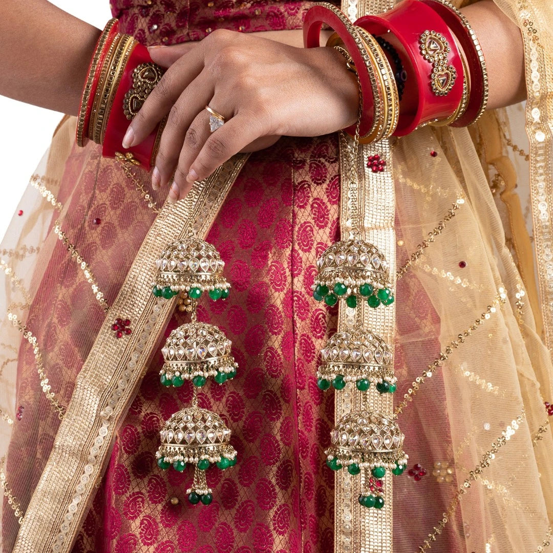 Golden Oxidised Triple Dome Green Beads Bridal Kaleera