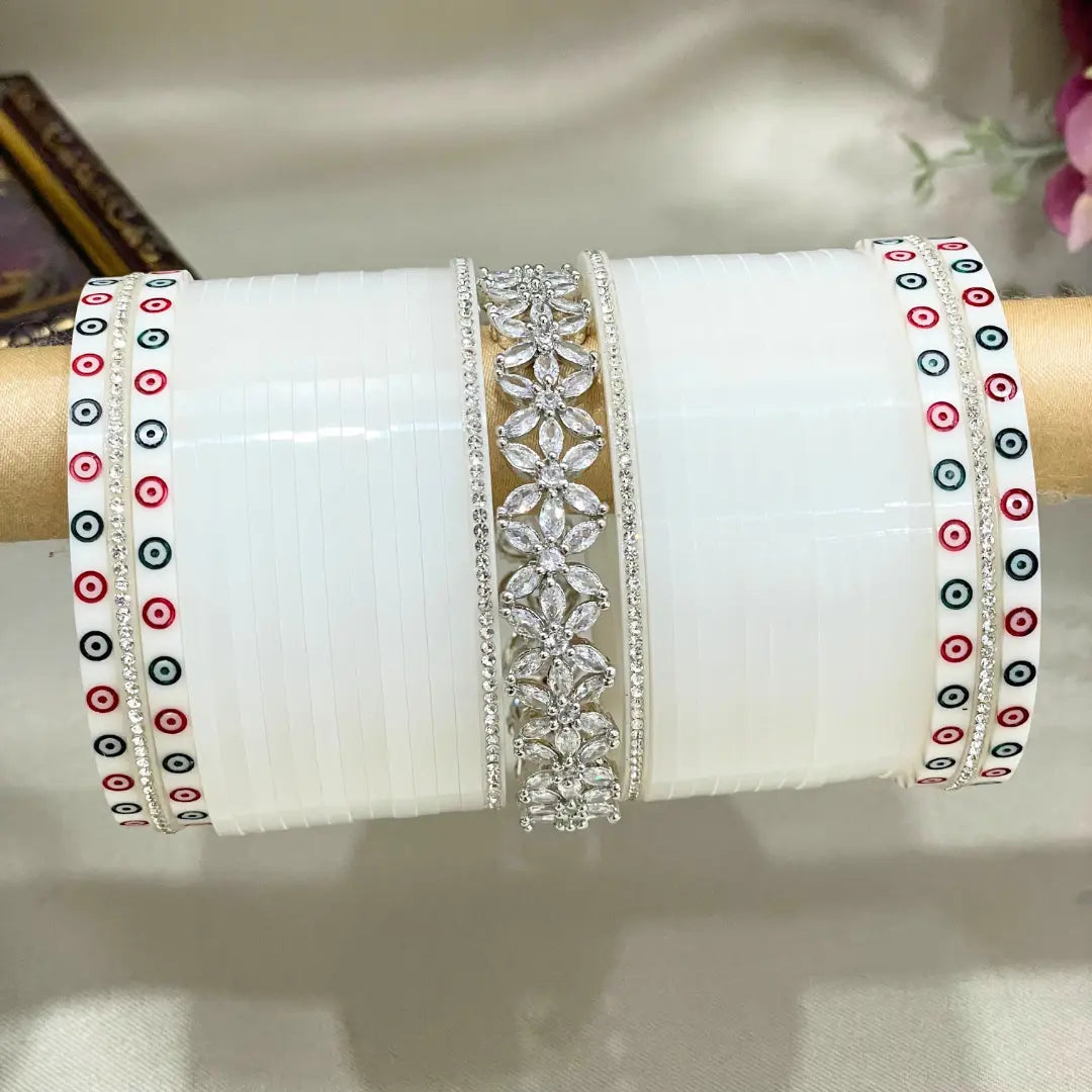 White Punjabi Chooda Design With AD Kada Bridal Chura