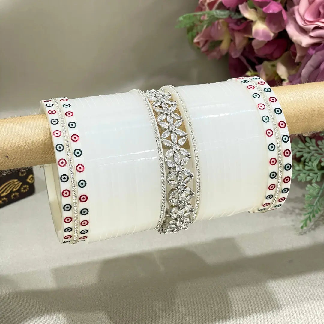 White Punjabi Chooda Design With AD Kada Bridal Chura