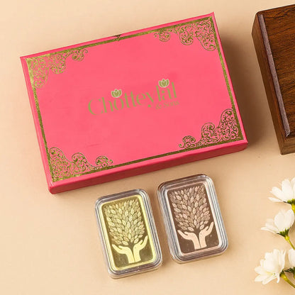 Leaf In Hand, Gold & Rose Gold Finish, Bar Shape, Set of 2 (5 Gram Each), 999 Purity Silver Coin - Ready To Ship