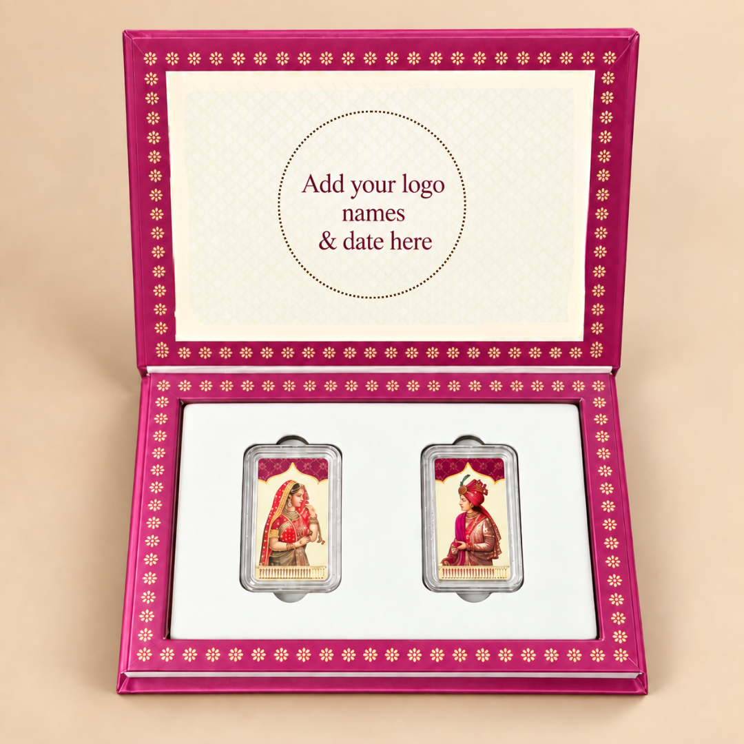 999 Pure Silver Raja & Rani Wedding Bar Coin Set – 20g