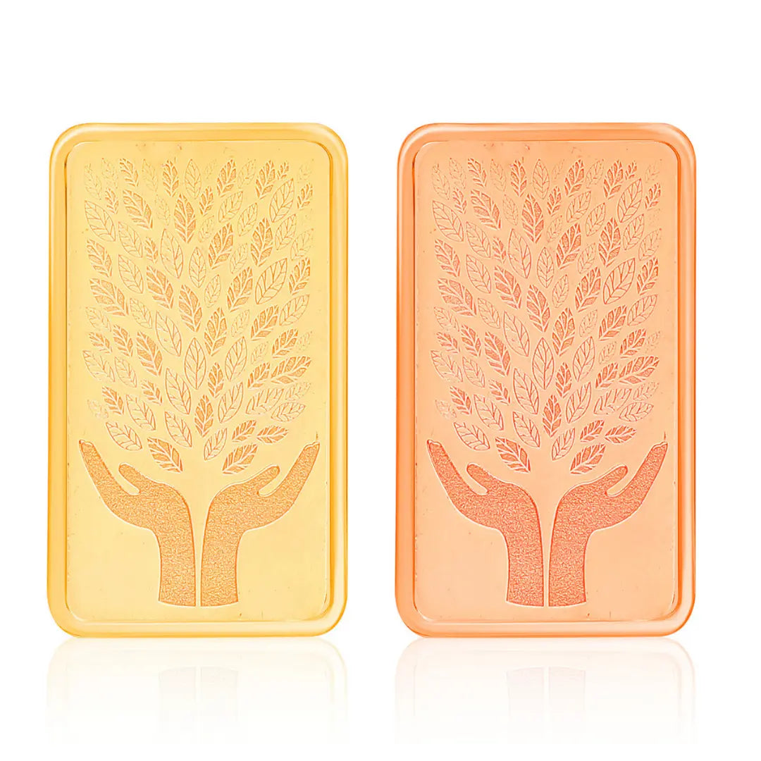 Leaf In Hand, Gold & Rose Gold Finish, Bar Shape, Set of 2 (5 Gram Each), 999 Purity Silver Coin - Ready To Ship
