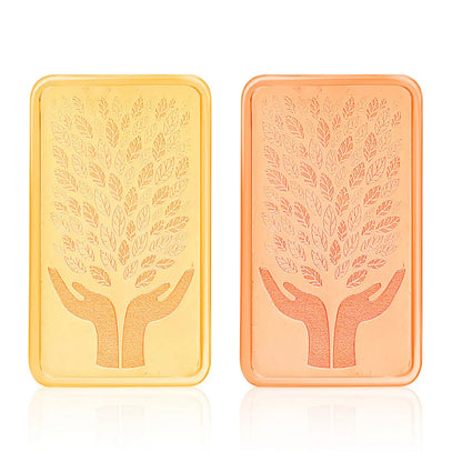 Leaf In Hand, Gold & Rose Gold Finish, Bar Shape, Set of 2 (5 Gram Each), 999 Purity Silver Coin - Ready To Ship