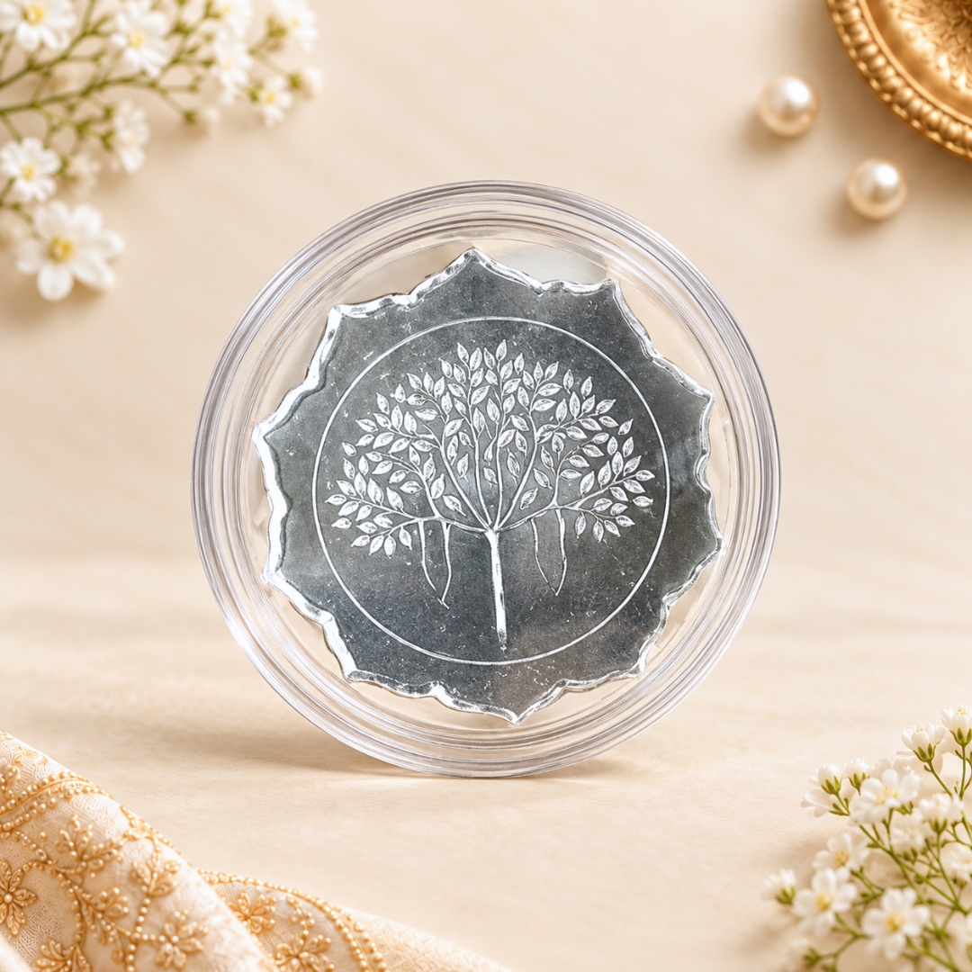 Celebration Peacock Design 25 Coin Box, Banyan Tree Design, Star Shape - Set of 25 Coins (2 g Each, Total 50 g)