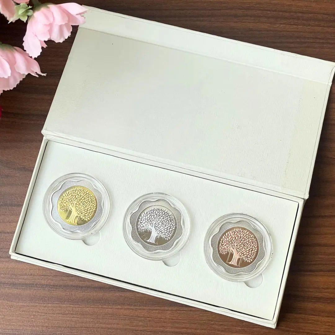 Banyan Tree, Tri-Color, Floral Shape, Set of 3 (10 Gram Each), 999 Purity Silver Coin - Ready To Ship