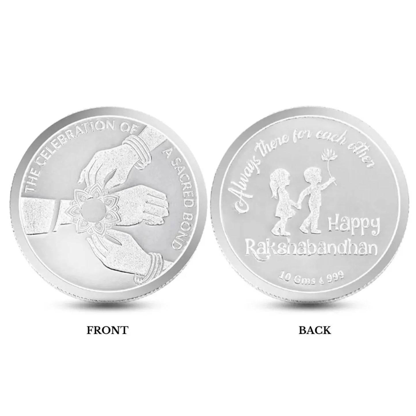 Classic Happy Rakhi Gift, Rakhi On Hand Coin, Set of 2 (10 Gram Each) - 999 Purity Silver Coin - Ready To Ship