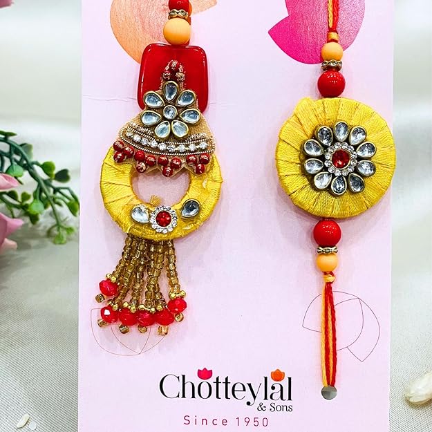 Pair Rakhi - Set of 3 Rings  with  Yellow Thread  Red Stone