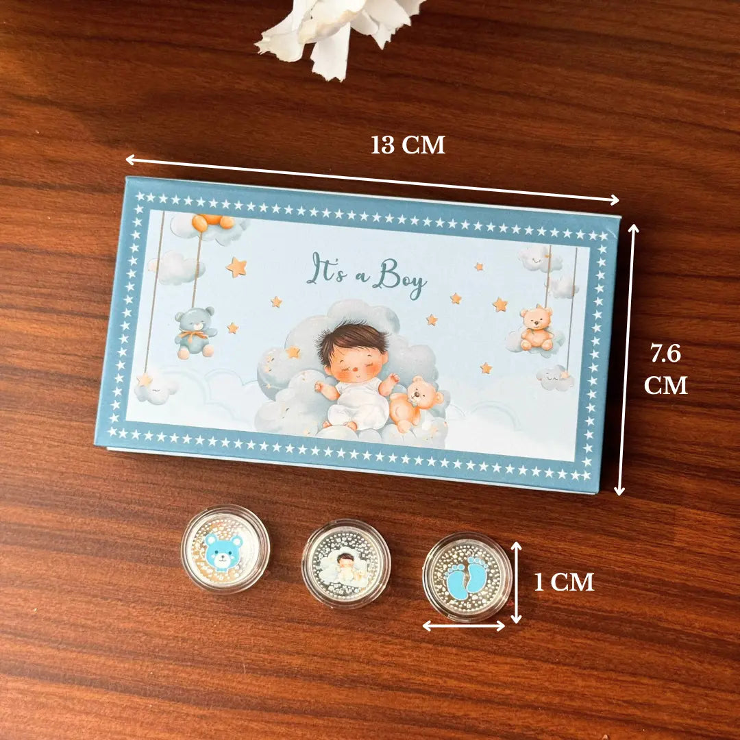 Welcome Little Prince Baby Boy UV Printed Silver Coin Box Set (3 Coins x 1gm Each)