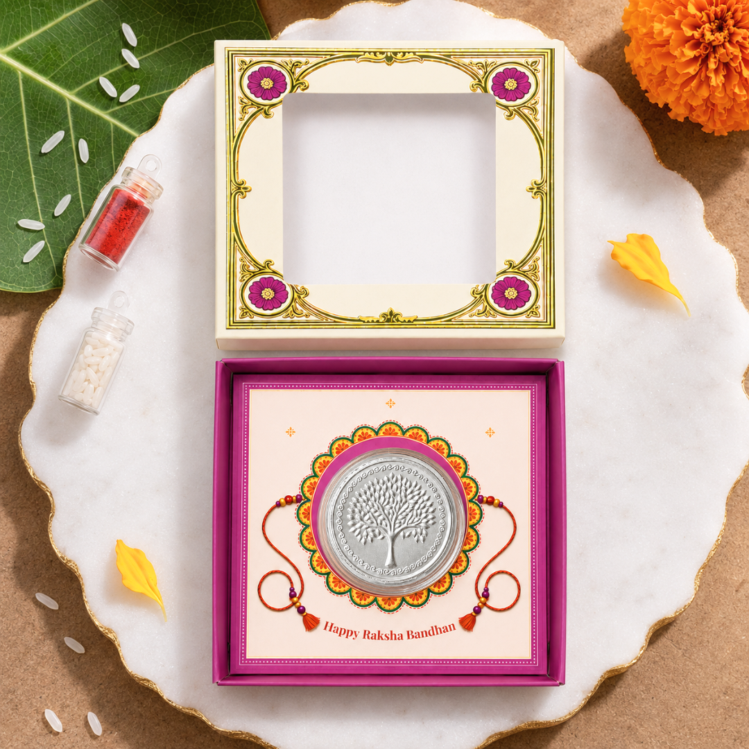 Premium Raksha Bandhan Silver Coin Gift Box – Tree of Life Design