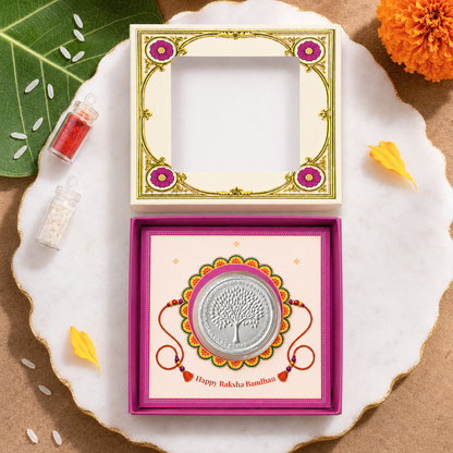 Premium Raksha Bandhan Silver Coin Gift Box – Tree of Life Design