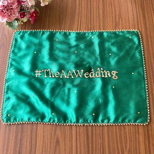 Green Rectangular Placement Mats With Golden Bead Border - Customize Hashtags