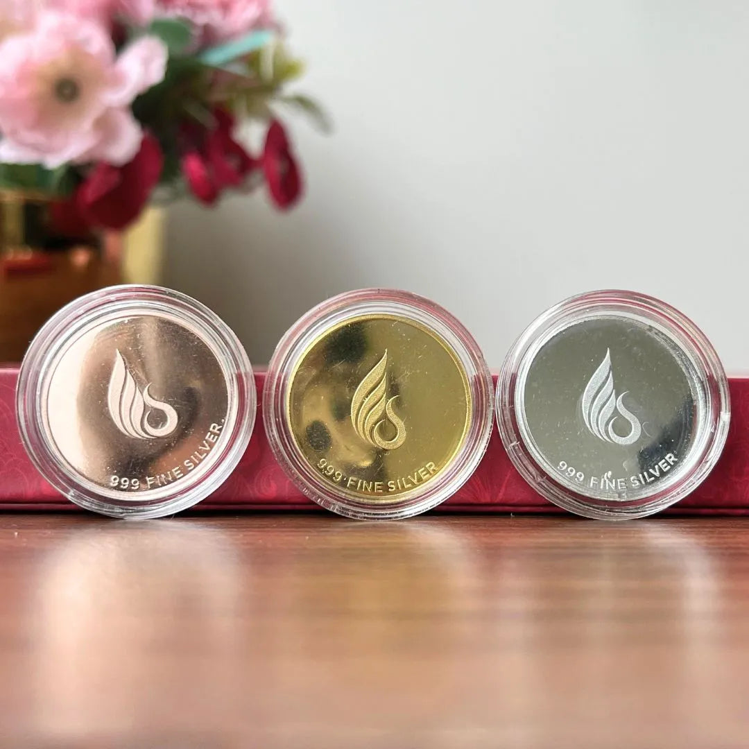 Banyan Tree Design, Tri-Color Finish, Round Shape, Set of 3 Coins (3 Gram Each), 999 Purity Silver Coin - Ready To Ship