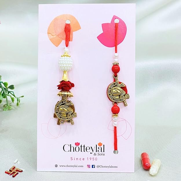 Pair Rakhi - Red Flower and White Beads Design