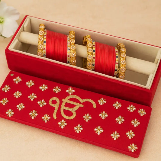 Classic Red Chooda Box With Bead Work - Customize Om/Ek Onkar Logo & Text