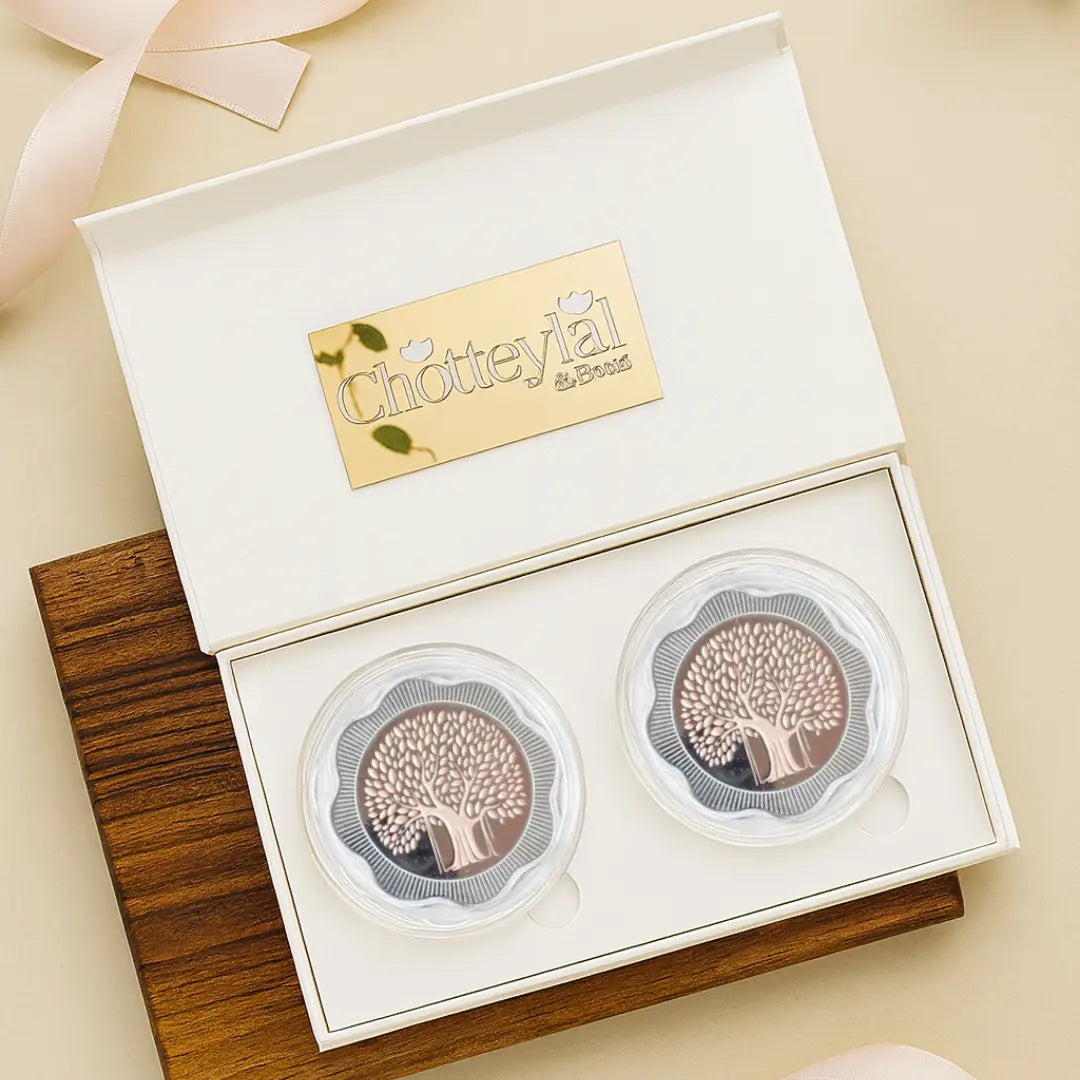 Banyan Tree, Rose Gold, Floral Shape, Set of 2 Coins (50 Gram Each), 999 Purity Silver Coin - Ready To Ship