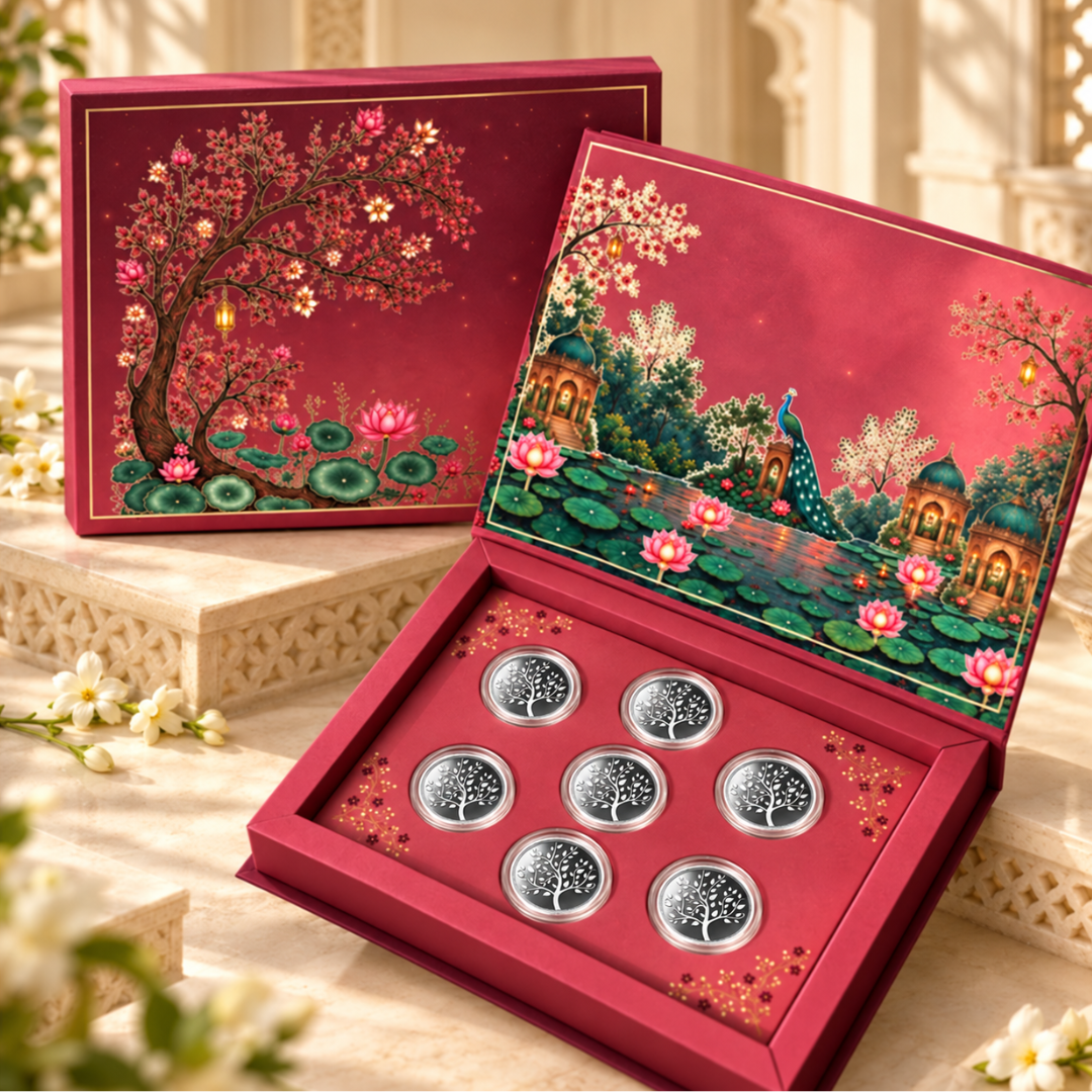 Gulabi Bagh Silver Shagun Gift Set of 7 Silver Coin Box