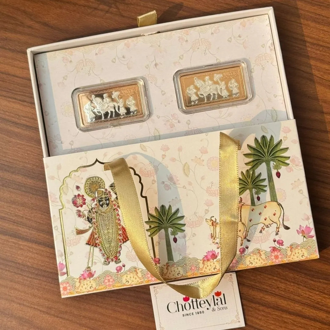 Aashirwaad Baraati Design, Rose Gold Finish, Dollar Shape, Set of 2 (10 gm Each), 999 Silver Coin Box Set – Ready to Ship