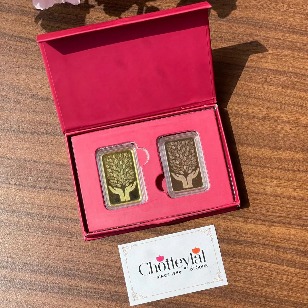 Leaf In Hand, Gold & Rose Gold Finish, Bar Shape, Set of 2 (5 Gram Each), 999 Purity Silver Coin - Ready To Ship