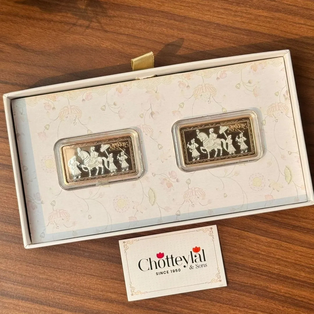 Aashirwaad Baraati Design, Rose Gold Finish, Dollar Shape, Set of 2 (10 gm Each), 999 Silver Coin Box Set – Ready to Ship