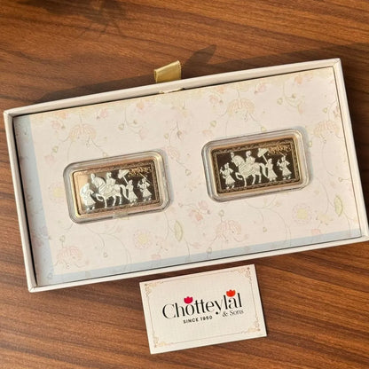 Aashirwaad Baraati Design, Rose Gold Finish, Dollar Shape, Set of 2 (10 gm Each), 999 Silver Coin Box Set – Ready to Ship