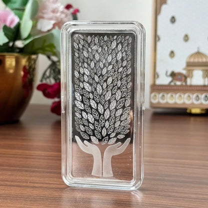 Leaf In Hand, Silver Finish, Bar Shape, 500 GM, 999 Purity Silver Coin – Ready To Ship