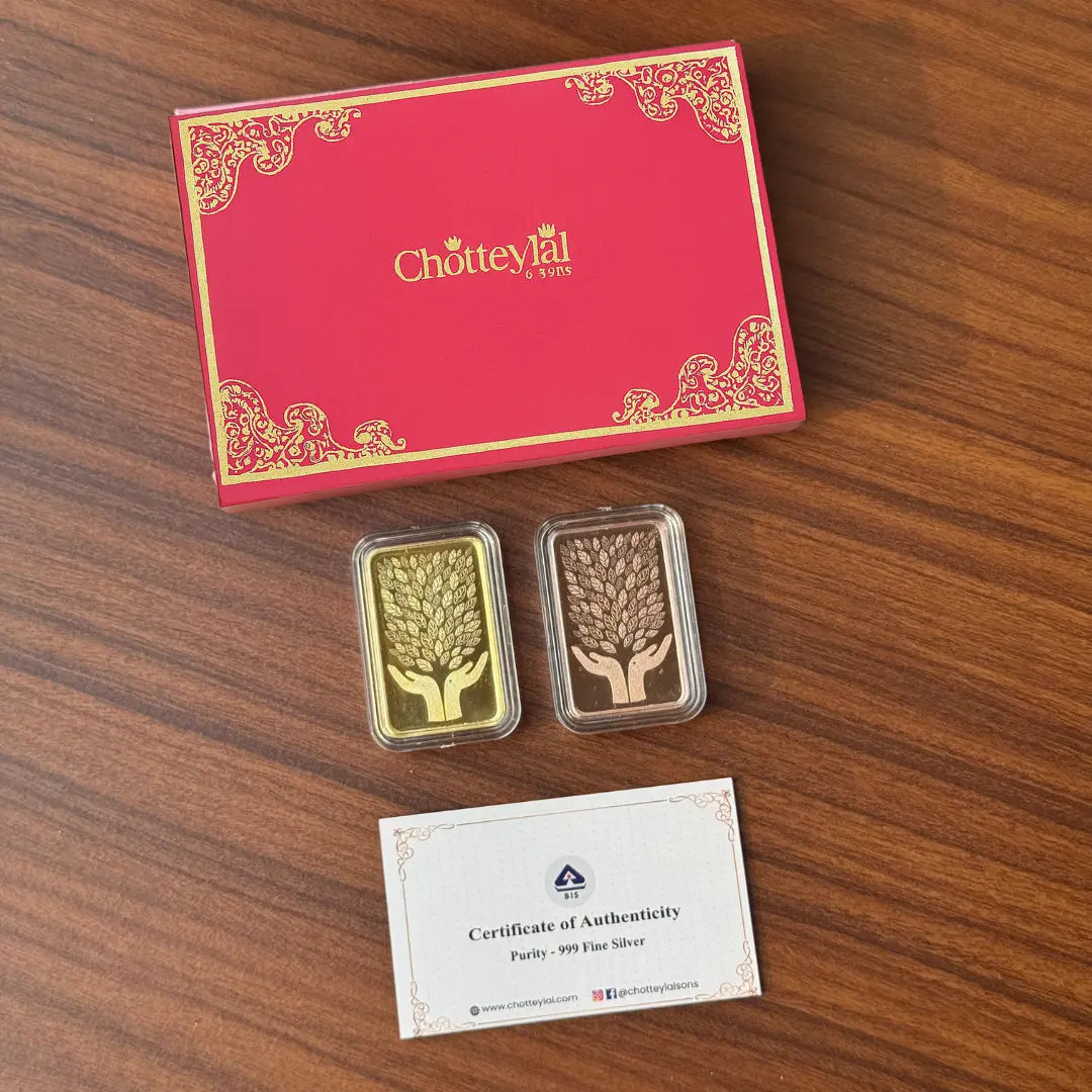 Leaf In Hand, Gold & Rose Gold Finish, Bar Shape, Set of 2 (5 Gram Each), 999 Purity Silver Coin - Ready To Ship
