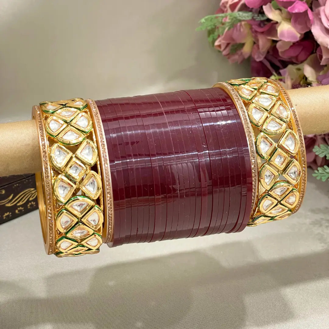 Maroon Bridal Chuda Set With Kundan Bangles