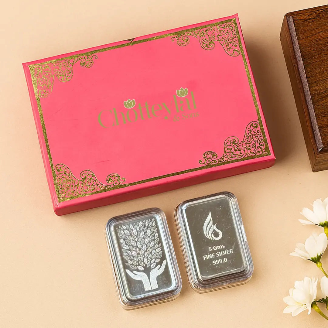 Leaf In Hand, Silver Finish, Bar Shape, Set of 2 (5 Gram Each), 999 Purity Silver Coin - Ready To Ship