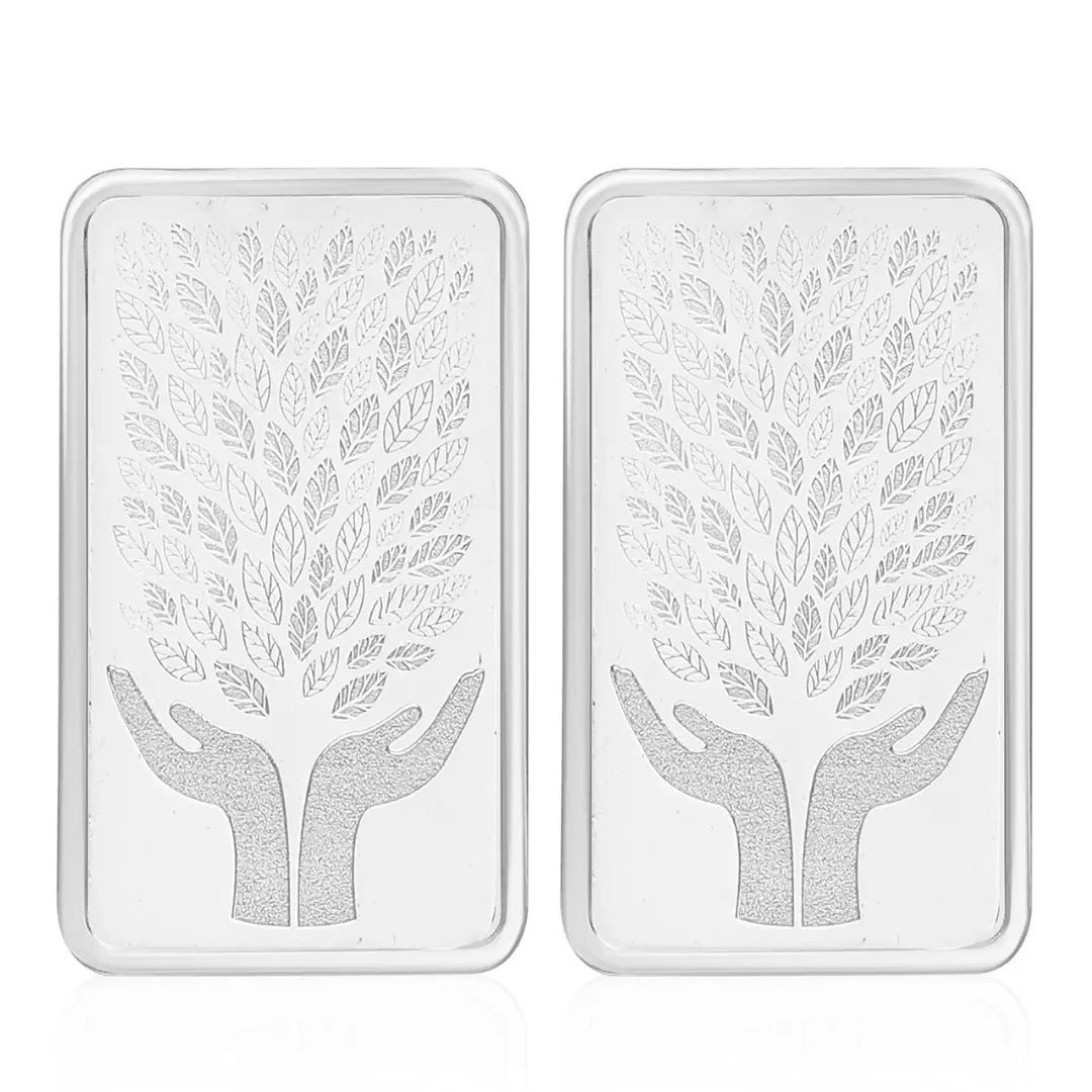 Leaf In Hand, Silver Finish, Bar Shape, Set of 2 (5 Gram Each), 999 Purity Silver Coin - Ready To Ship