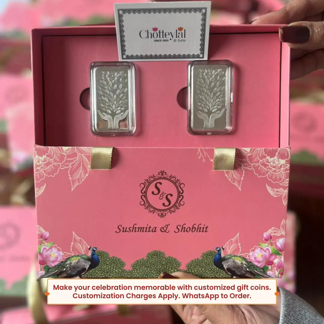 Leaf In Hand, Silver Finish, Bar Shape, Set of 2 (5 Gram Each), 999 Purity Silver Coin - Ready To Ship