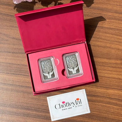 Leaf In Hand, Silver Finish, Bar Shape, Set of 2 (5 Gram Each), 999 Purity Silver Coin - Ready To Ship