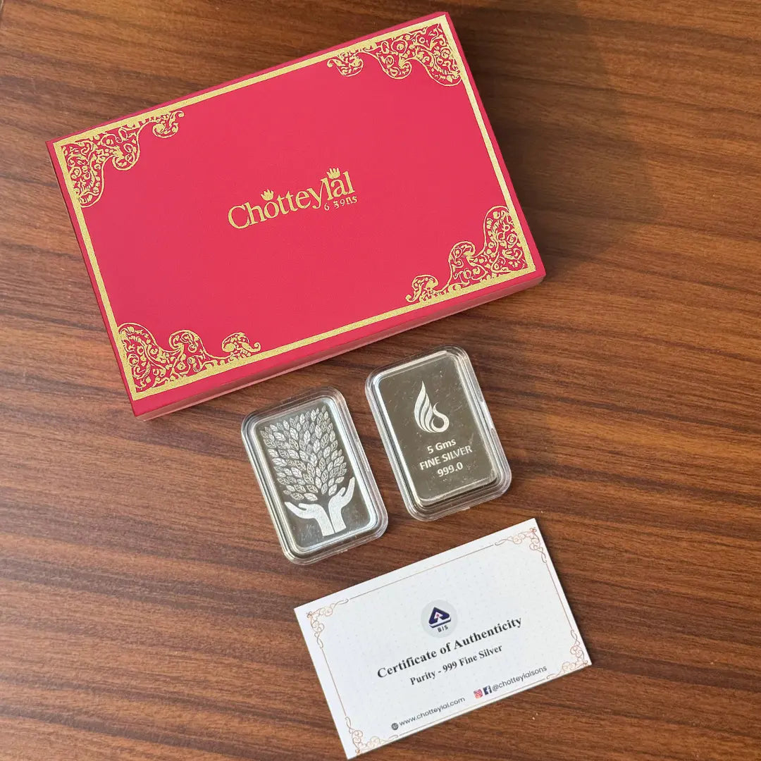 Leaf In Hand, Silver Finish, Bar Shape, Set of 2 (5 Gram Each), 999 Purity Silver Coin - Ready To Ship