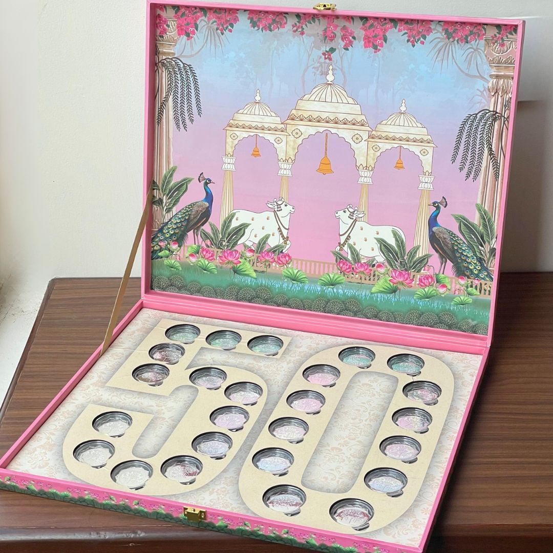 Celebration 50 Coin Box, Banyan Tree Design, Lotus Shape, Set of 25 Coins (2 Gram Each), 999 Purity - Ready To Ship