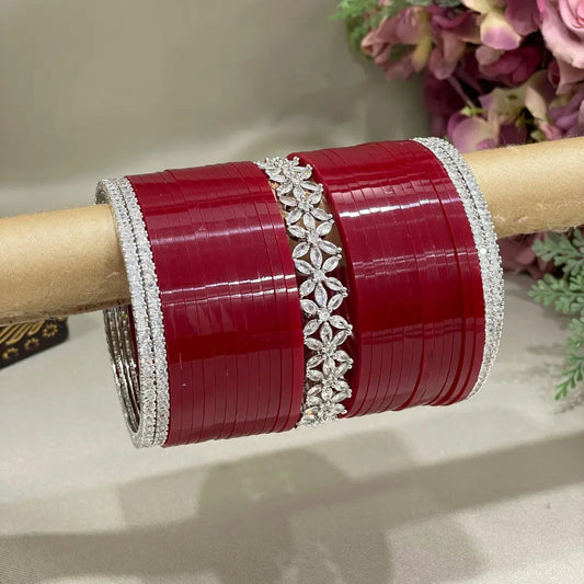 Contemporary Maroon Punjabi Radiance Chura with AD Kada