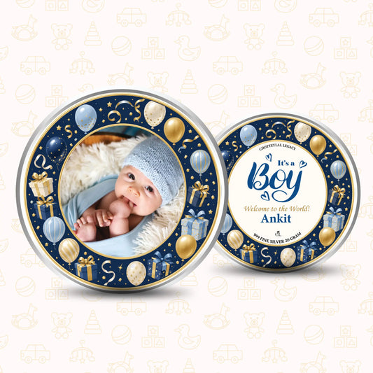 It's A Boy Silver Coin For Baby Announcements - Add Photo & Name