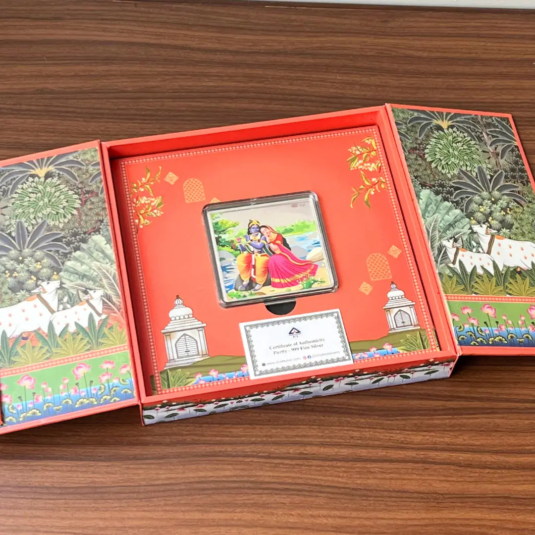 Radha Krishan, Square Shape, 40gm, 999 Purity UV Silver Coin