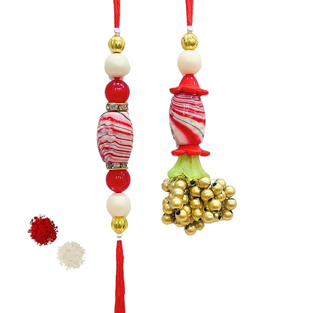 Pair Rakhi - Red Flower and White Beads Golden Bunch