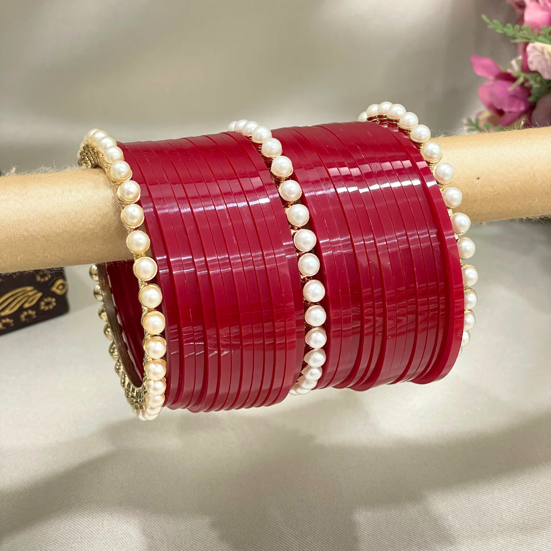 Deep Red New Chura Design With Pearl Bangles