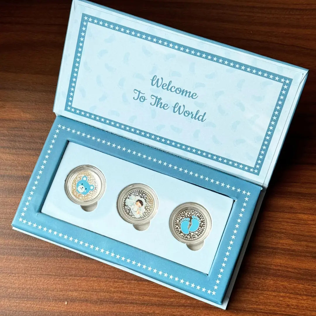 Welcome Little Prince Baby Boy UV Printed Silver Coin Box Set (3 Coins x 1gm Each)