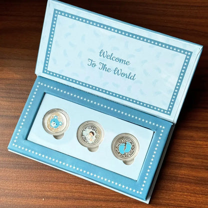 Welcome Little Prince Baby Boy UV Printed Silver Coin Box Set (3 Coins x 1gm Each)