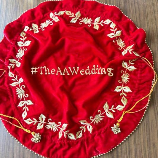 Crimson Red Round Thaal Cover With Vine Design Work - Customize Hashtags