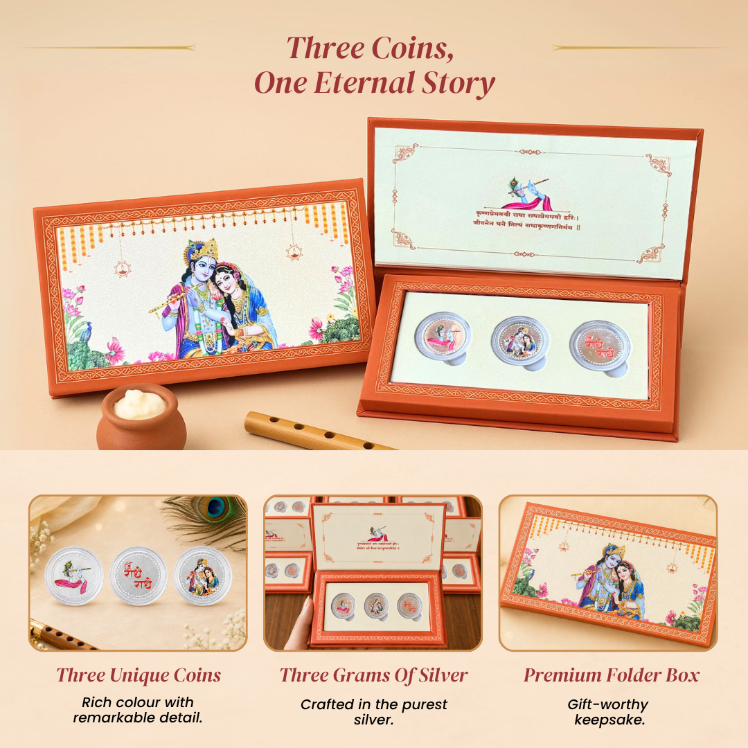 Radha Krishna Ji 999 Pure Silver Coin Gift Set - Folder Box - Set of 3 Coins (1 g Each, Total 3 g)