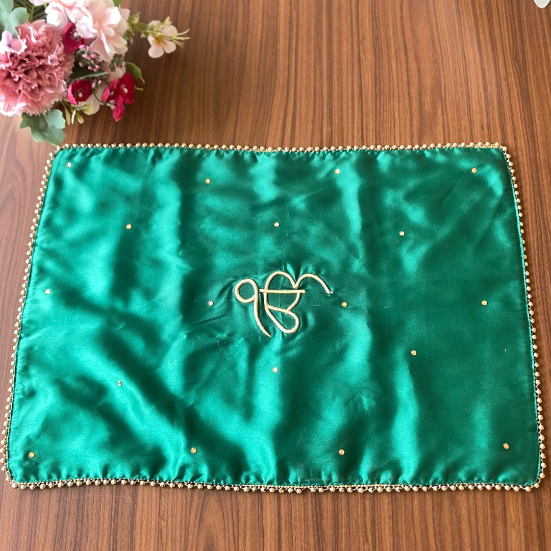 Green Rectangular Placement Mats With Golden Bead Border - Customize Om/Ek Onkar Logo