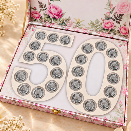 Celebration Peacock Design 25 Coin Box, Banyan Tree Design, Star Shape - Set of 25 Coins (2 g Each, Total 50 g)