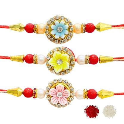 Men's Rakhi - Set of 3 Yellow , Pink and Blue Flower