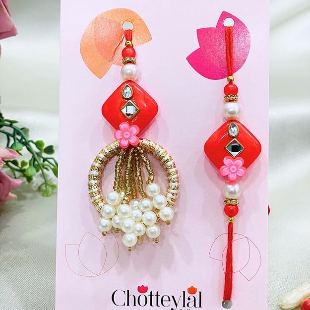 Pair Rakhi - Big Red Stone White Pearls