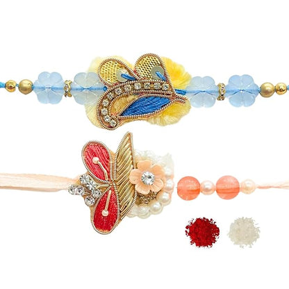 Men's Rakhi - Set of 2 Designer Shape Peach , Blue  Pearl Beads